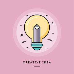 Creative idea, pencil in a light bulb, flat design thin line banner, usage for e-mail newsletters, web banners, headers, blog posts, print and more. Vector illustration.
