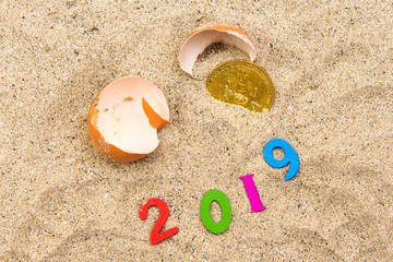 Gold bitcoins in a cracked eggshell and wooden numbers forming 2019 new year. Bitcoins and New Virtual money concept