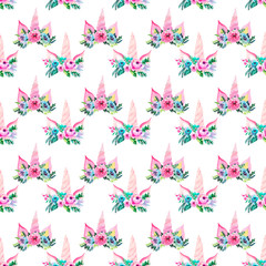Bright beautiful spring lovely cute fairy magical colorful pattern of unicorns with eyelashes in...