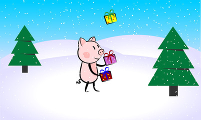 funny pig character juggling with presents in a winter forest