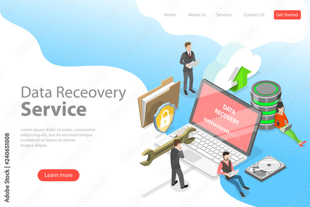 Poster isometric flat vector landing pate template of data recovery services, data backup and protection, h