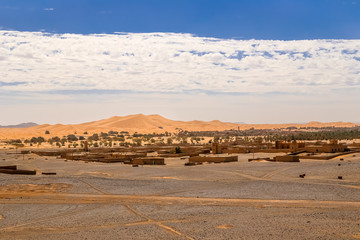 View over Merzouga village and sand dunes Morocco