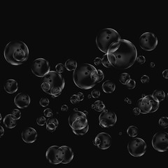 White air bubbles isolated on black background. Underwater oxygen. Soap closeup.