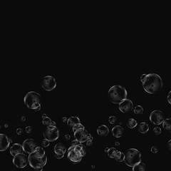 White air bubbles isolated on black background. Underwater oxygen. Soap closeup.