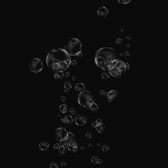 White air bubbles isolated on black background. Underwater oxygen. Soap closeup.
