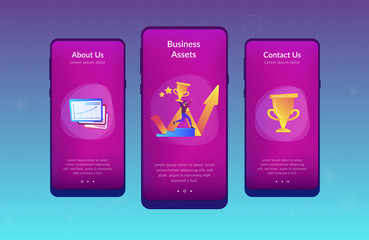 Naklejka na ściany i meble Businessman with trophy runs up stairs and growth chart. Business success, leadership, business assets and planning concept on white background. Mobile UI UX GUI template, app interface wireframe