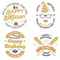 Set of Happy Birthday templates for overlay, badge, card with bunch of balloons, gifts, firework rockets and birthday cake with candles. Vector. Vintage design for birthday celebration