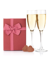 Valentines day gift box and champagne glasses