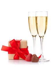 Valentines day gift box and champagne glasses
