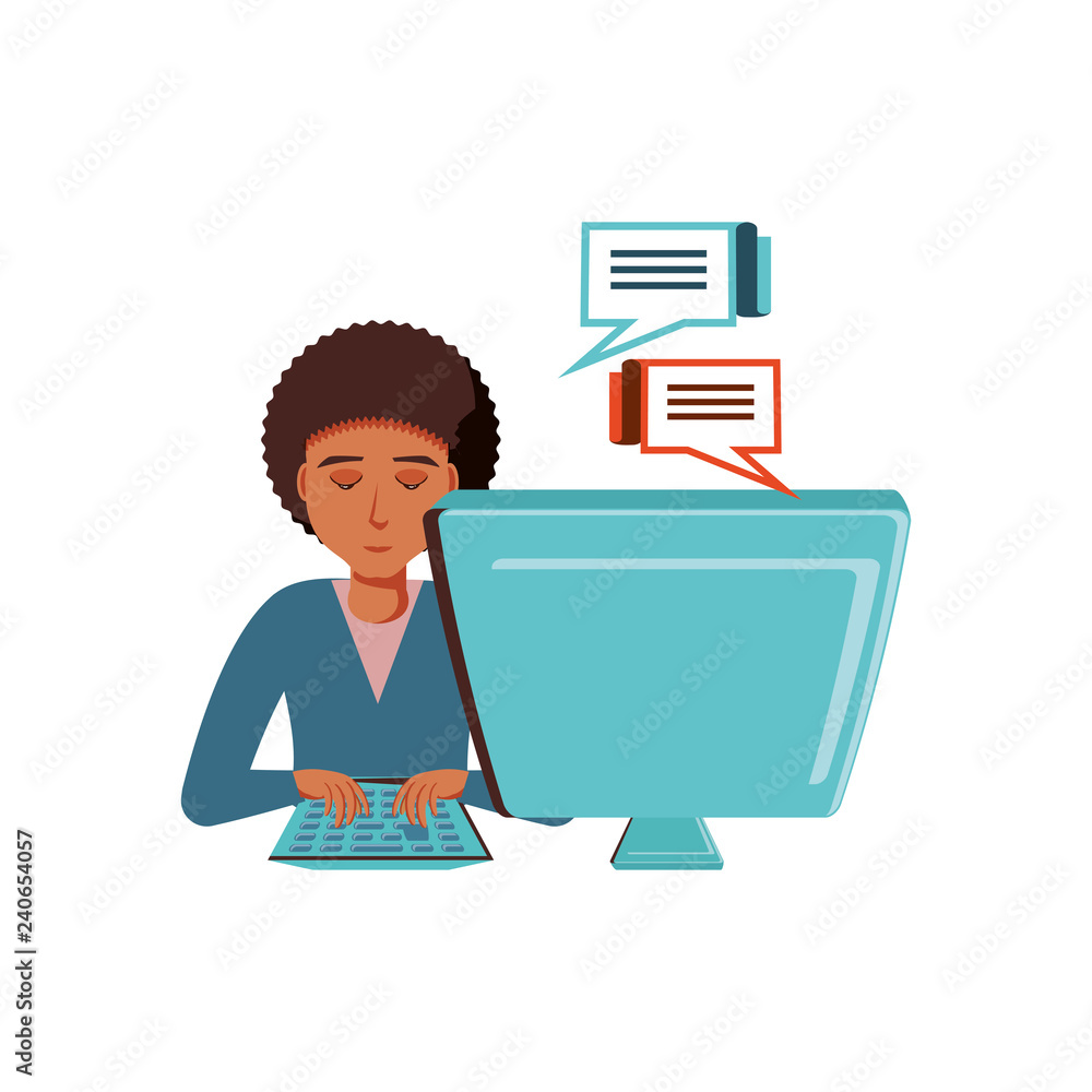 Aufkleber man black with desktop computer and speech bubbles