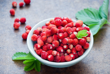 Wild fresh strawberries in a plate on a brown background