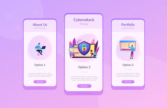 Security analysts protect internet-connected systems with shield. Cyber security, data protection, cyberattacks concept on white background. Mobile UI UX GUI template, app interface wireframe