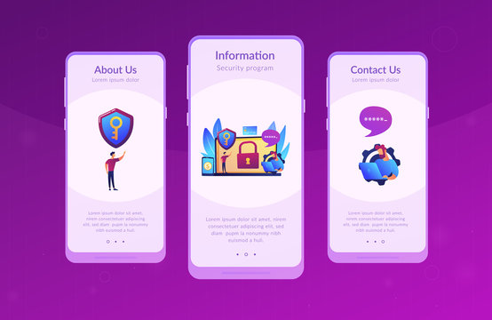 Developers work on cyber security program. Cyber security software, information security program and antivirus concept on white background. Mobile UI UX GUI template, app interface wireframe