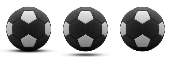 black and white soccer ball in three versions, with and without shadow. Isolated on white. 3d render.