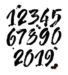 set of calligraphic acrylic or ink numbers. ABC for your design, brush lettering on a white background with blots