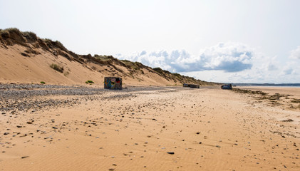 Landscape near Biville in Normady. German second world war bunkers on beach. Manche, Cotentin, Cap de la Hague, France