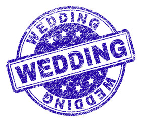 WEDDING stamp seal imprint with distress texture. Designed with rounded rectangles and circles. Blue vector rubber print of WEDDING caption with corroded texture.