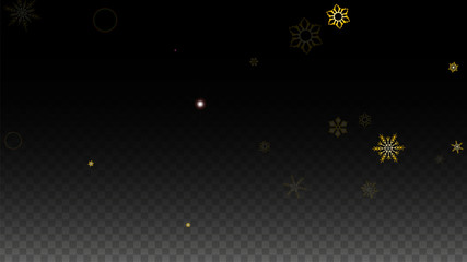 Christmas  Vector Background with Gold Falling Snowflakes Isolated on Transparent Background. Realistic Snow Sparkle Pattern. Snowfall Overlay Print. Winter Sky. Design for Party Invitation.