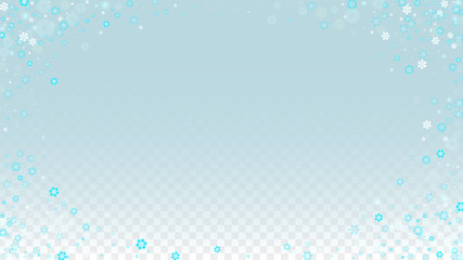 Christmas  Vector Background with Blue Falling Snowflakes Isolated on Transparent Background. Realistic Snow Sparkle Pattern. Snowfall Overlay Print. Winter Sky. Design for Party Invitation.