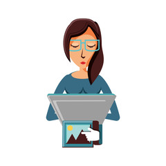 woman sending picture with laptop