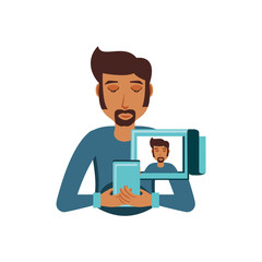 man sending picture with smartphone device