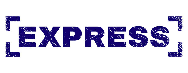 EXPRESS tag seal print with corroded texture. Text tag is placed inside corners. Blue vector rubber print of EXPRESS with dirty texture.