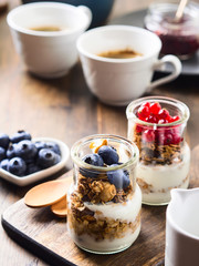Cozy Breakfast food concept dark wooden background