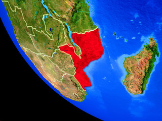Mozambique on realistic model of planet Earth with country borders and very detailed planet surface.