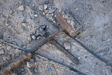 Handmade tools. Sledge hammer and hammer from rebar. Construction tool