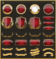 Collection of elegant red and golden badges and labels design elements