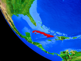 Cuba on realistic model of planet Earth with country borders and very detailed planet surface.