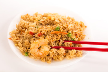 Bowl of Shrimp Fried Rice on White BG with Red Chopsticks
