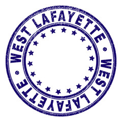 WEST LAFAYETTE stamp seal watermark with grunge style. Designed with round shapes and stars. Blue vector rubber print of WEST LAFAYETTE title with grunge texture.