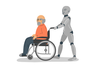 Robot caring for disabled senior man in wheelchair. 
