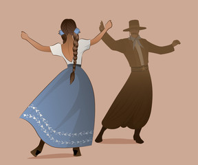 Gaucho with mustache and hat and woman with braids dancing typical dance of South America