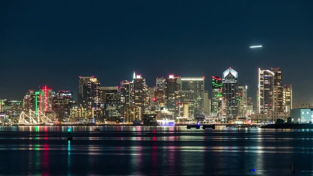 San Diego, California, Night Skyline Timelapse Video with Cruise Ship