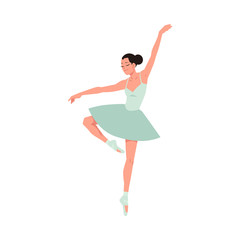 Young ballerina in tutu and pointe shoes dancing isolated on white background. Vector illustration of beautiful female character performing classical ballet dance in flat style.