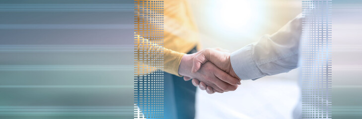 Woman and man shaking hands in office, light effect. panoramic banner