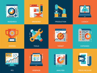 Flat conceptual startup your project icons concepts set for website and mobile site and apps. Startup development, market research. Flat style pictogram pack. Vector illustration.