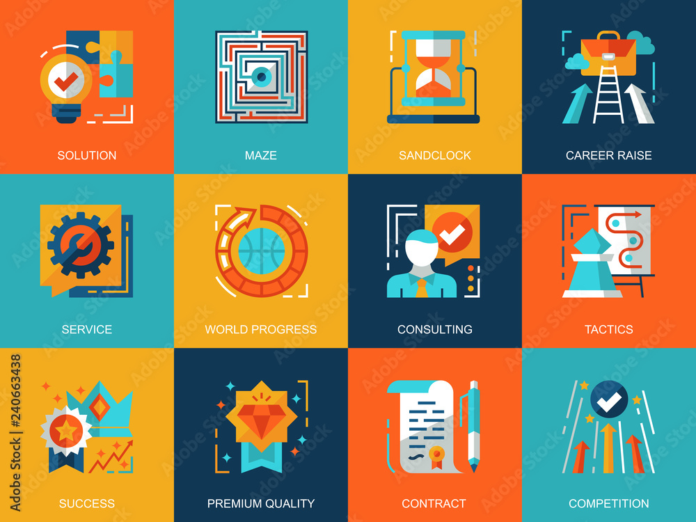Poster flat conceptual business process icons concepts set for website and mobile site and apps. solution f