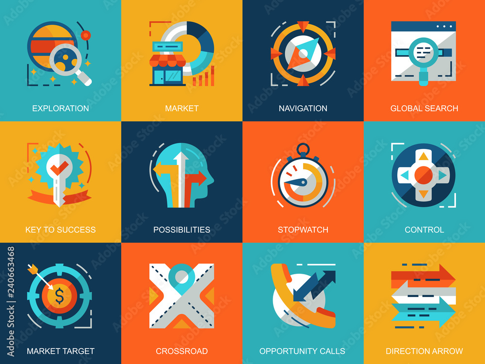 Poster flat conceptual business elements icons concepts set for website and mobile site and apps. symbols a