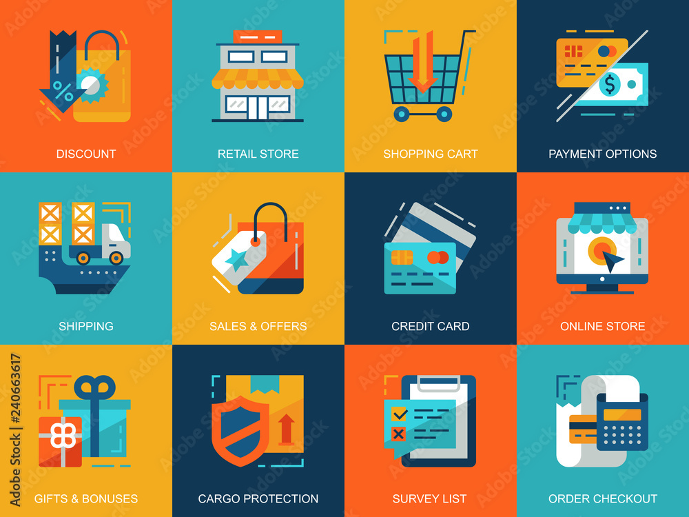 Leinwandbilder Flat conceptual shopping and e-commerce icons concepts set for website and mobile site and apps. Delivery goods, market gifts and bonuses. Flat style pictogram pack. Vector illustration.