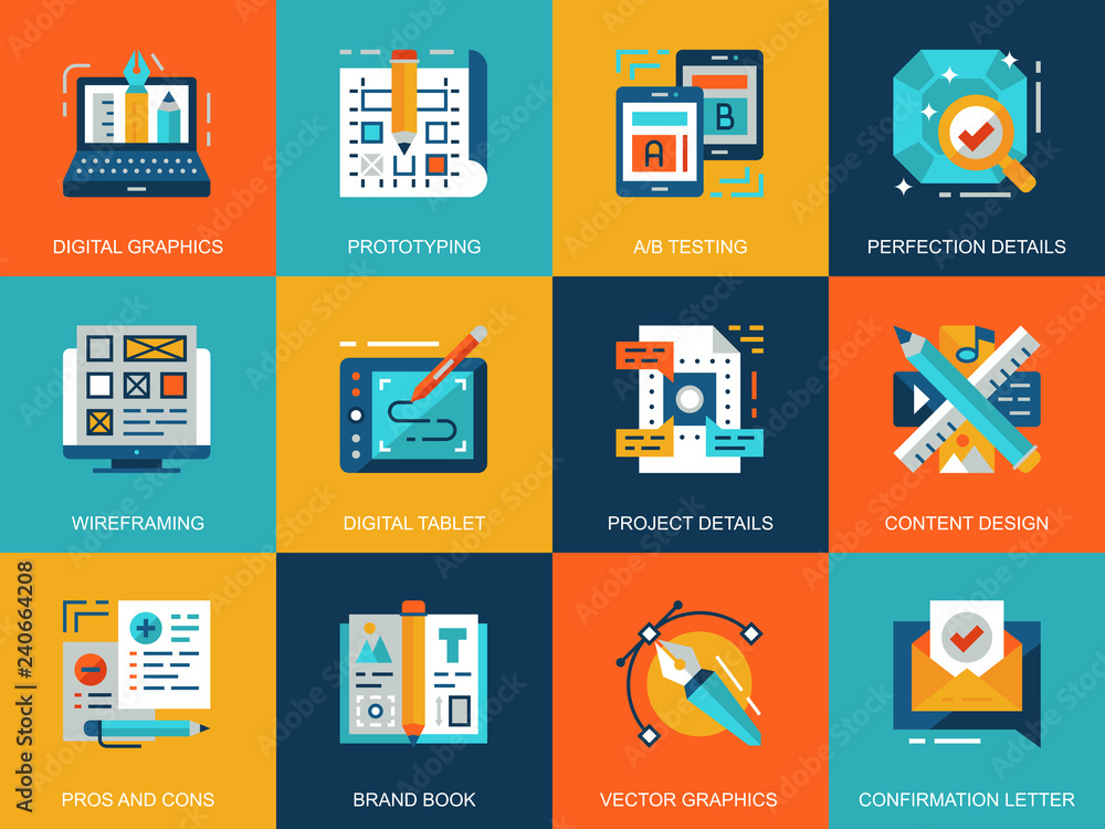 Poster flat conceptual creative process icons concepts set for website and mobile site and apps. digital gr
