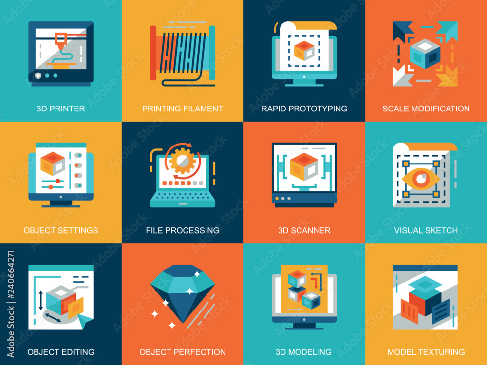 Poster flat conceptual 3d printing and modeling icons concepts set for website and mobile site and apps. vo