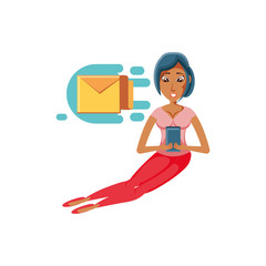 woman sitting sending mail with smartphone