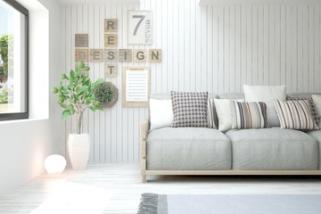 Idea of white minimalist room with sofa. Scandinavian interior design. 3D illustration