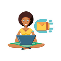woman black sitting with laptop and envelope mail