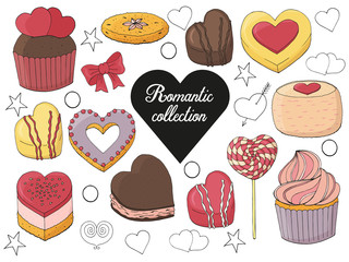 Set of desserts, cakes, candy and food for Valentines day. Hand drawn. Vector illustration.