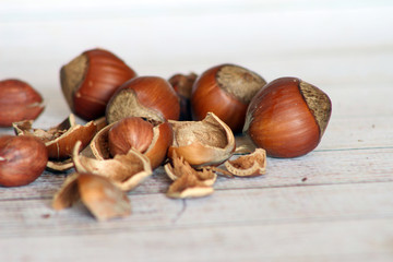 hazelnut on wooden background