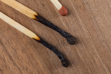 Burned wooden matches sticks on a wooden table background